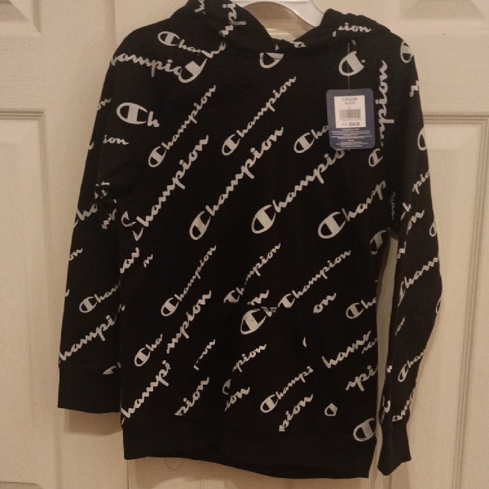 Champion Kids Black and White Logo Hoodie Size Large